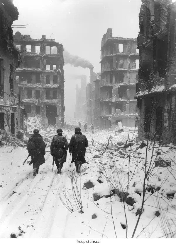 Three Soviet soldiers walk through the ruins of Stalingrad, 1943