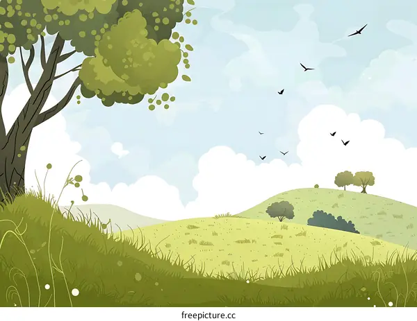 Green Meadow Landscape Illustration with Rolling Hills and Birds Flying