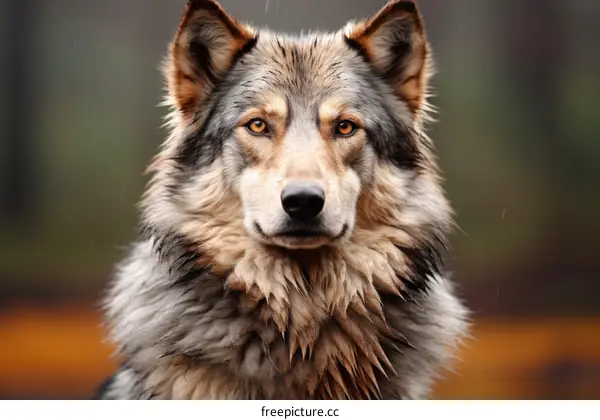 Portrait of a wet wolf with a light brown background