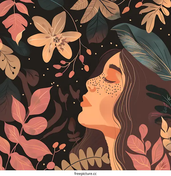 Woman with Flowers and Leaves Illustration