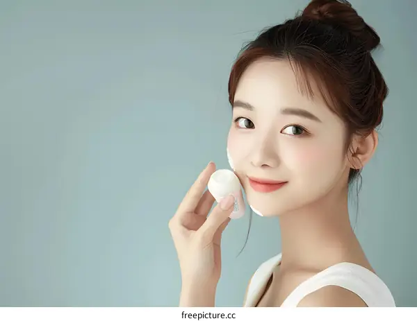 Beautiful Asian Woman Applying Facial Cream