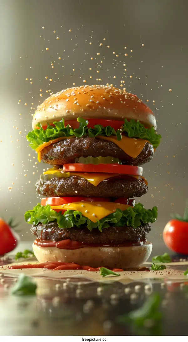 A triple-decker cheeseburger with lettuce, tomato, and pickles