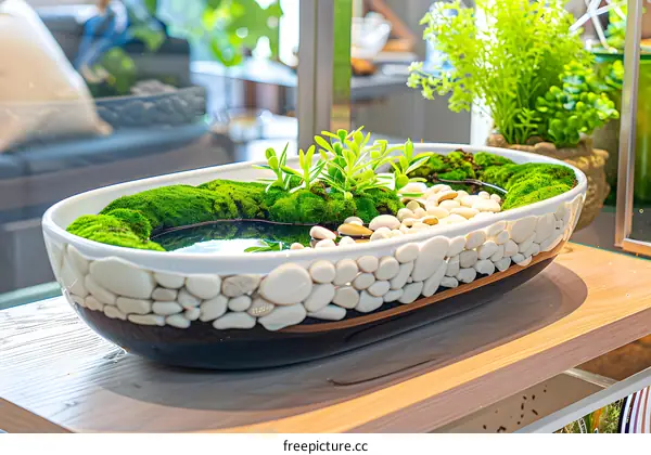 Green Moss and White Stones in a Ceramic Pot