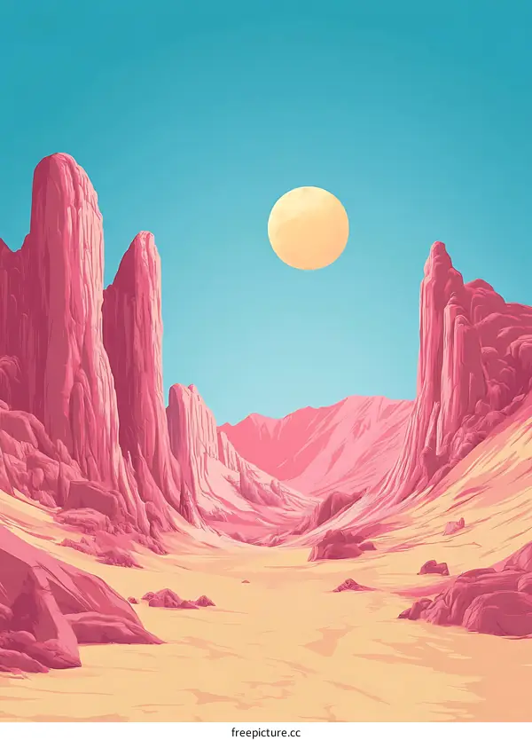Pink Canyon Desert Landscape with a Yellow Sun