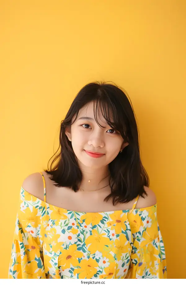 Portrait of a Young Asian Woman with a Yellow Floral Dress