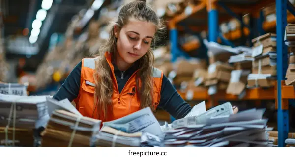 Young woman in an orange vest looking at a stack of papers in a warehouse