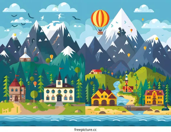Mountain Village With Hot Air Balloons and River Landscape