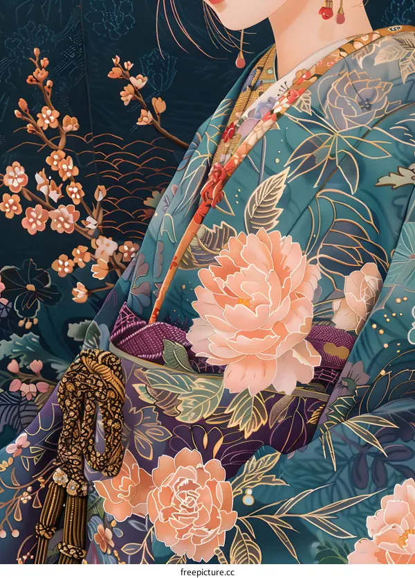A woman wearing a kimono with a floral pattern