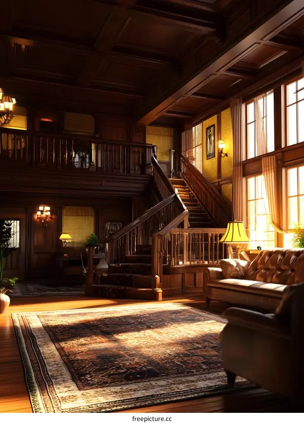 Classic Wooden Staircase and Living Room Interior Design