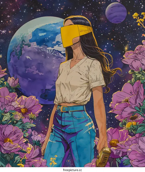 Cosmic Bloom Girl with Vintage Technology