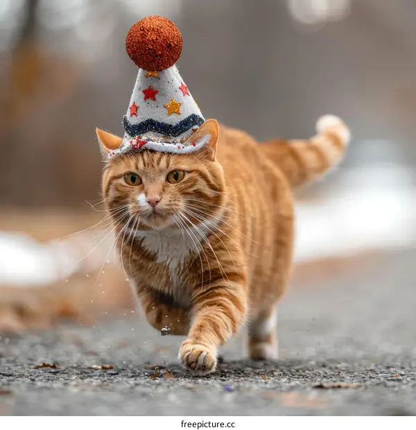 ginger cat wearing a birthday hat