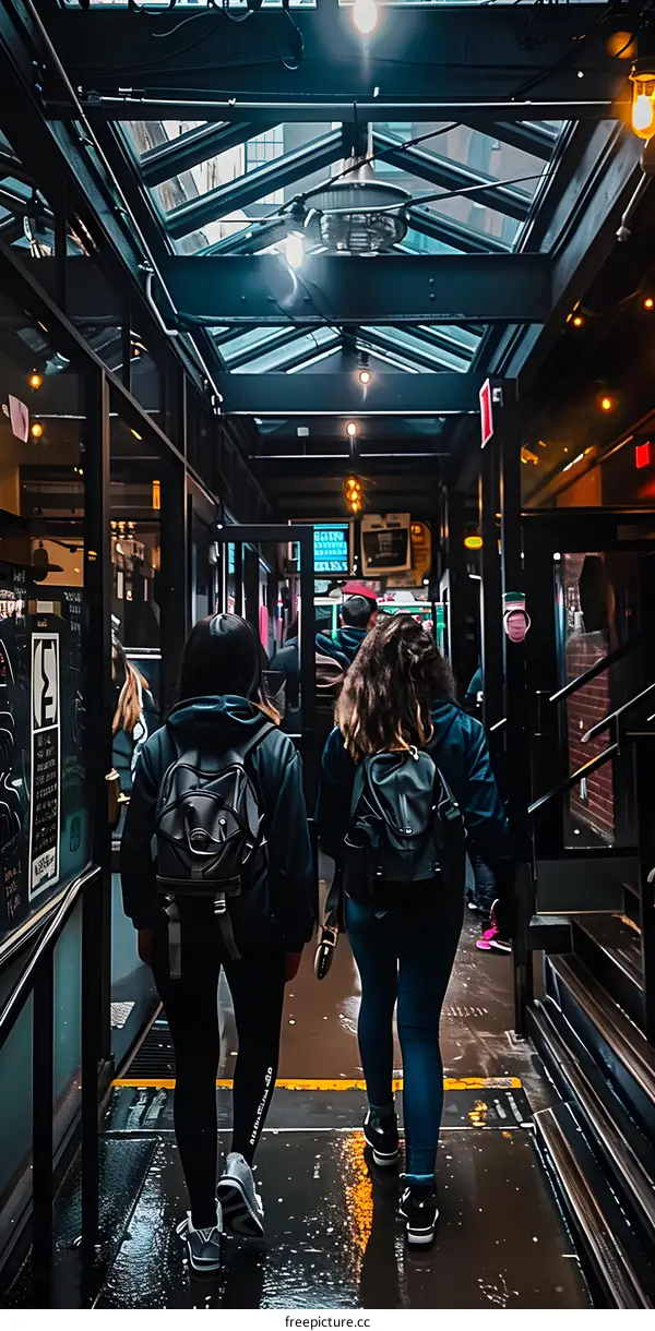 Two Women Walking In A Wet City Alley