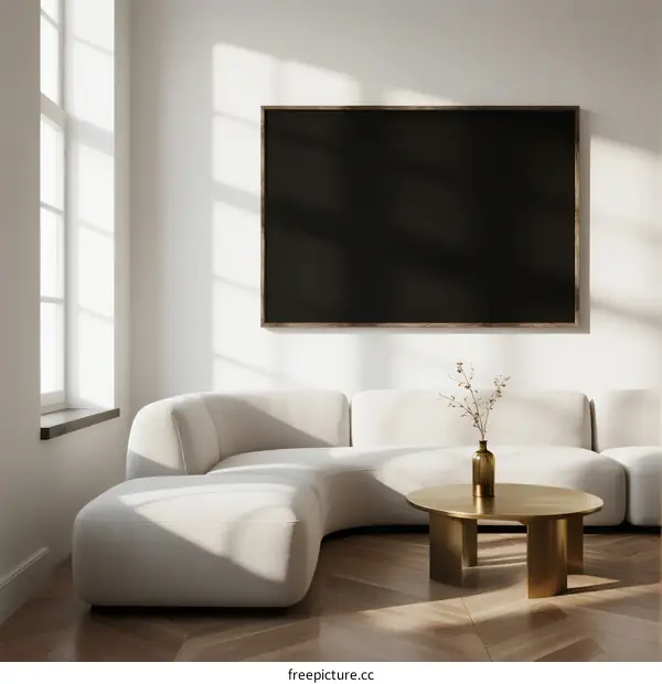 Minimalist White Living Room with Curved Sofa and Large Wall Art