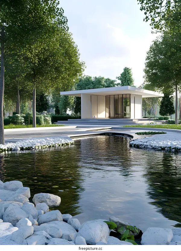 Modern Architecture Design with Pond and Trees