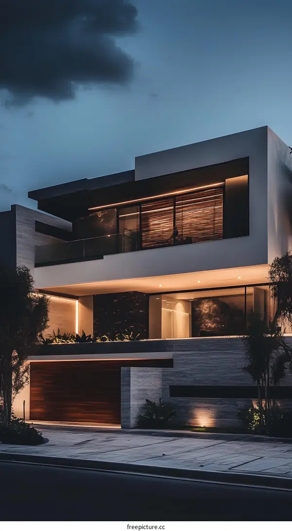 Modern Architecture House with Wooden Garage Door at Night