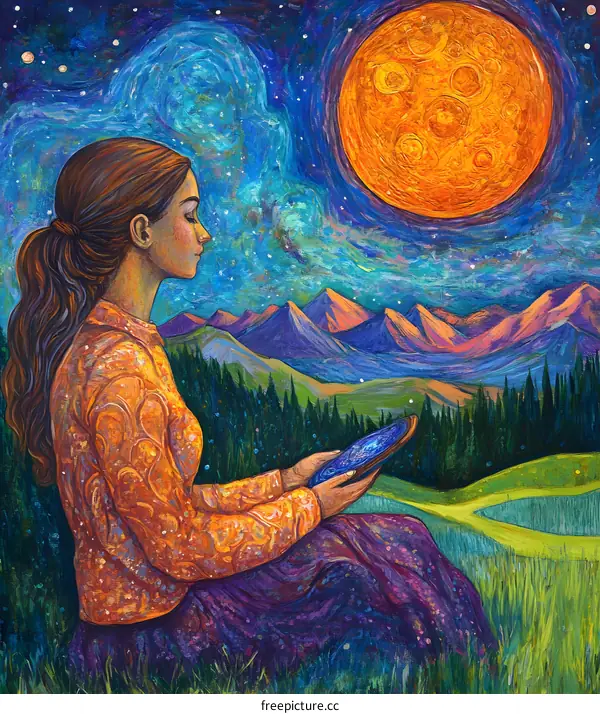 Woman Holding a Universe in Her Hands Under a Large Red Moon