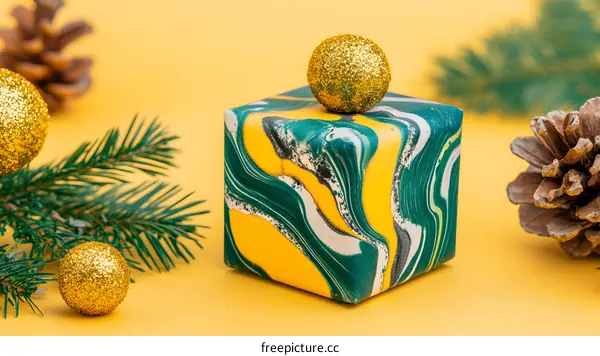 Green and Yellow Gift Box with Golden Ornament and Pine Branches on Yellow Background