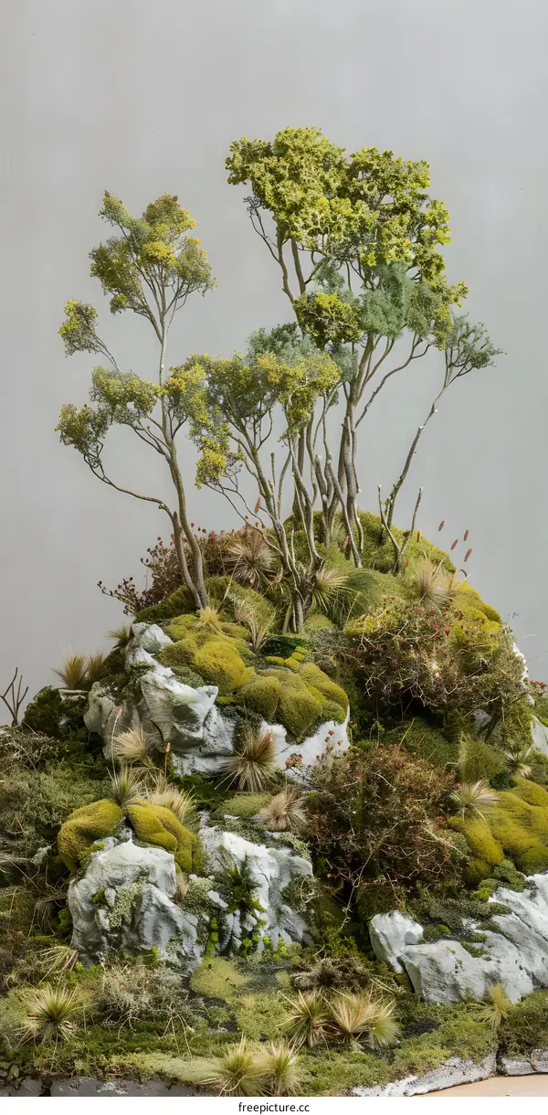 Miniature Landscape with Moss Covered Rocks and Trees