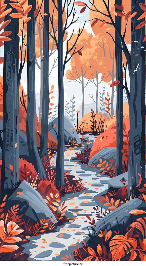 Autumn Forest Path with Stream and Rocks