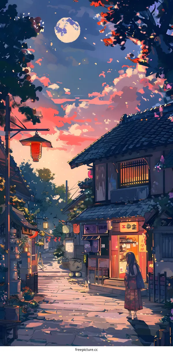 Night Scene in a Japanese Town with Woman in Kimono