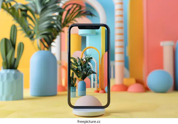 Minimalist Phone Mockup with Tropical Plants and Geometric Shapes