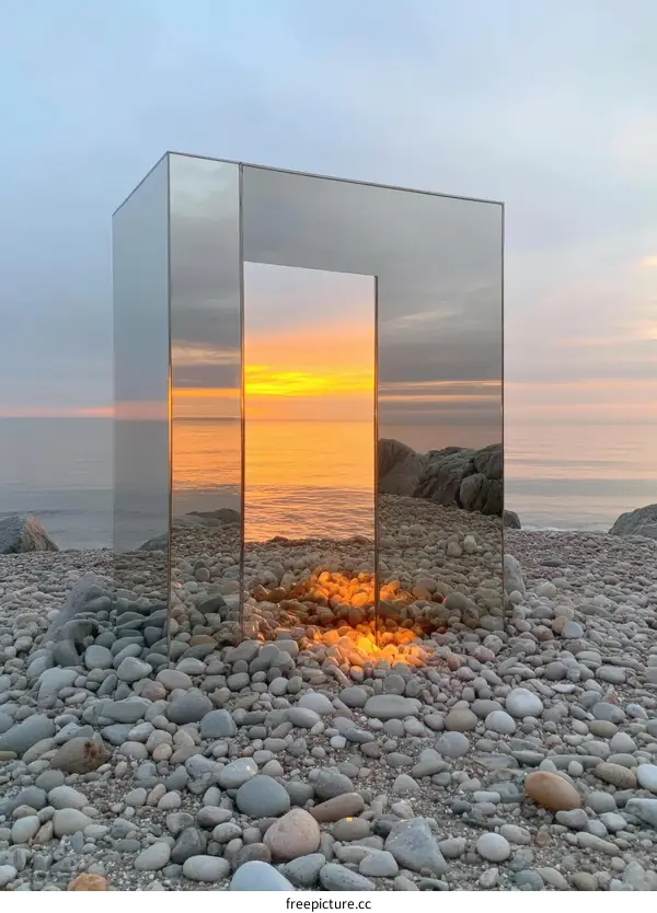 Reflective Structure on the Beach at Sunrise