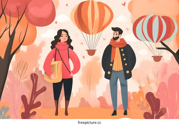 Couple Standing in Autumn Forest with Hot Air Balloons