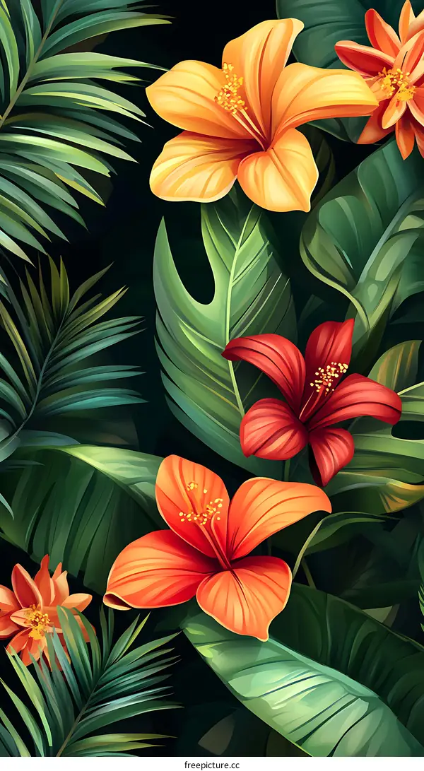 Tropical Floral Pattern with Green Leaves