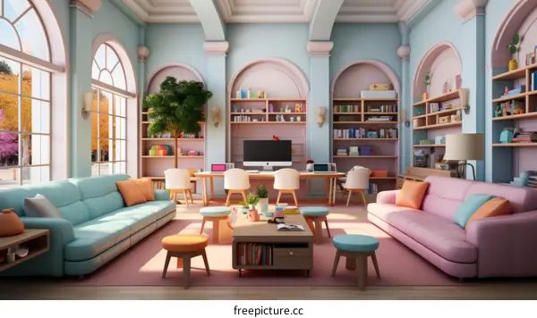 A beautiful living room with a library