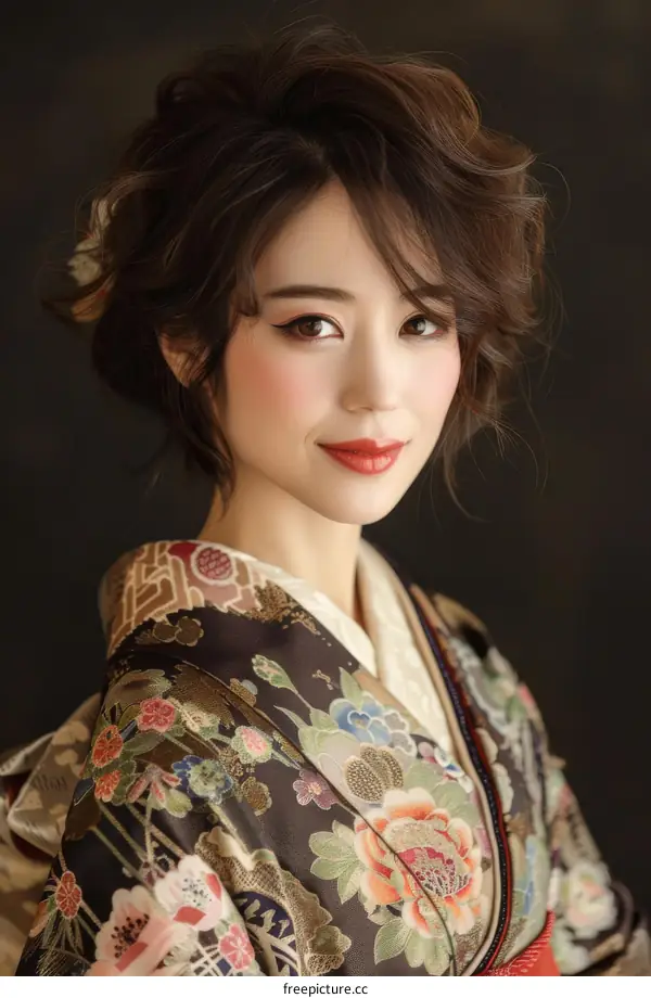 Elegant Japanese Woman in Traditional Kimono with Floral Pattern