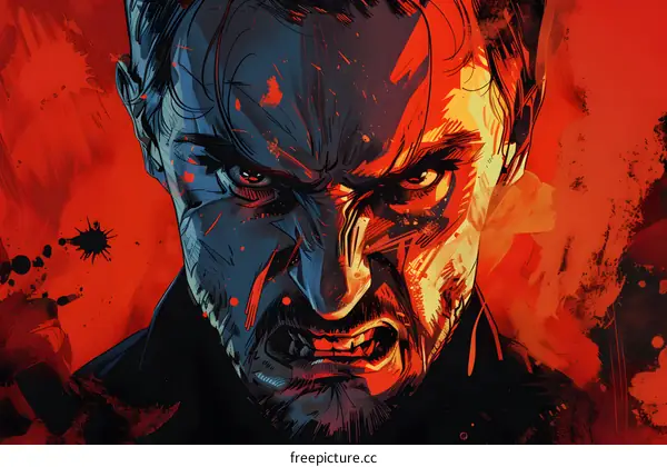 Illustration of a mans face with a red background