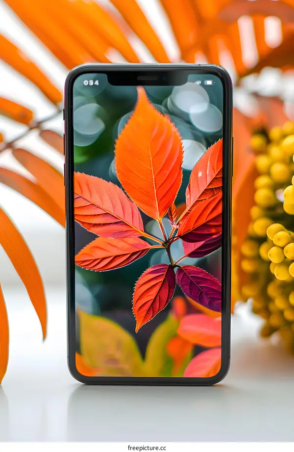 Black Smartphone with Autumn Leaves Wallpaper