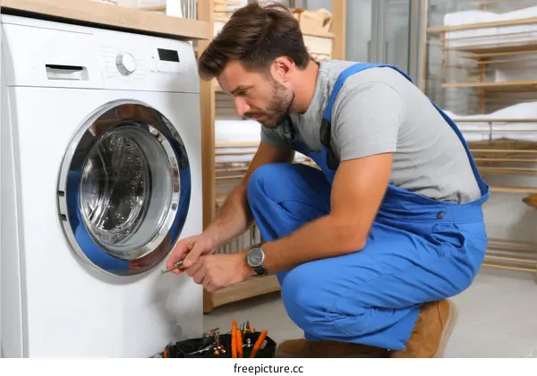 Washing Machine Repairman Working on Appliance