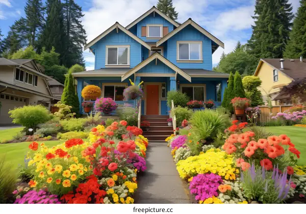 Colorful flowers in front of a blue house