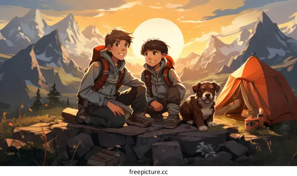 Two friends and a dog are camping in the mountains