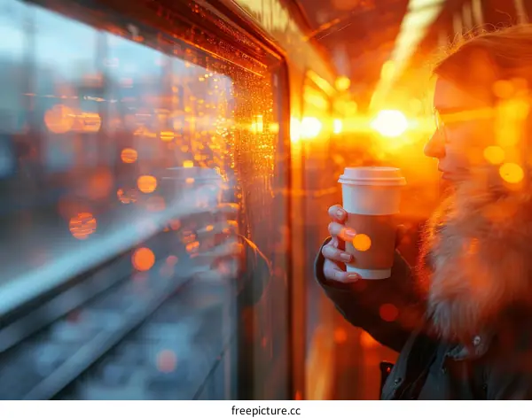 Young woman drinking coffee and looking out train window