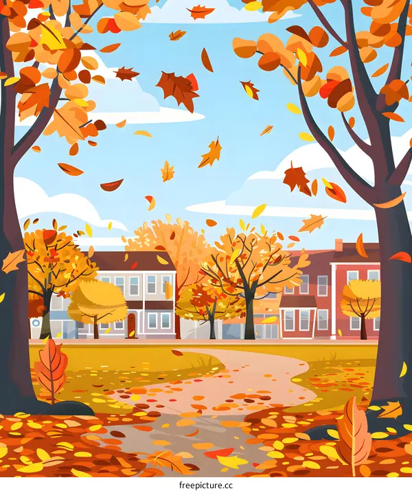 Autumn Landscape with Colorful Leaves Falling on a Path