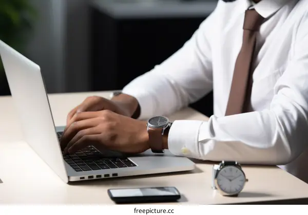 A businessman is working on his laptop while wearing a watch.