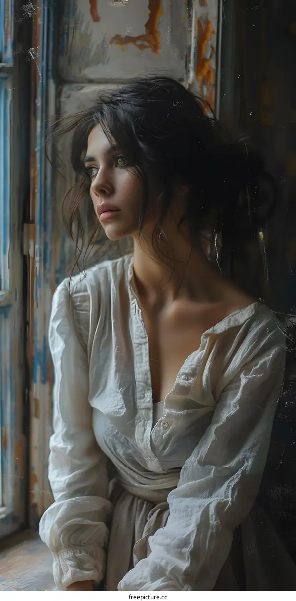 Portrait of a young woman with dark hair in front of a window