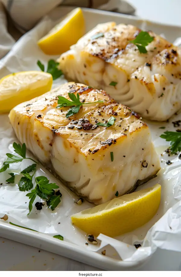 Baked cod fish with lemon and parsley