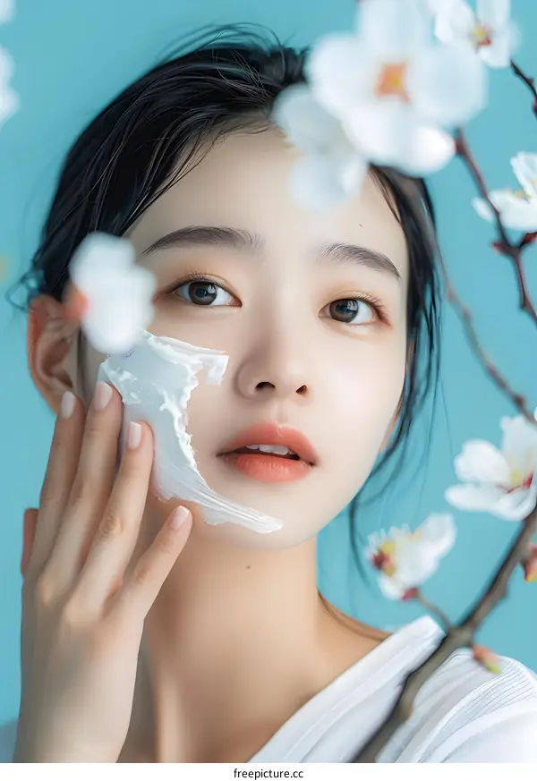 Beautiful Asian Woman Applying Face Mask With Spring Flowers