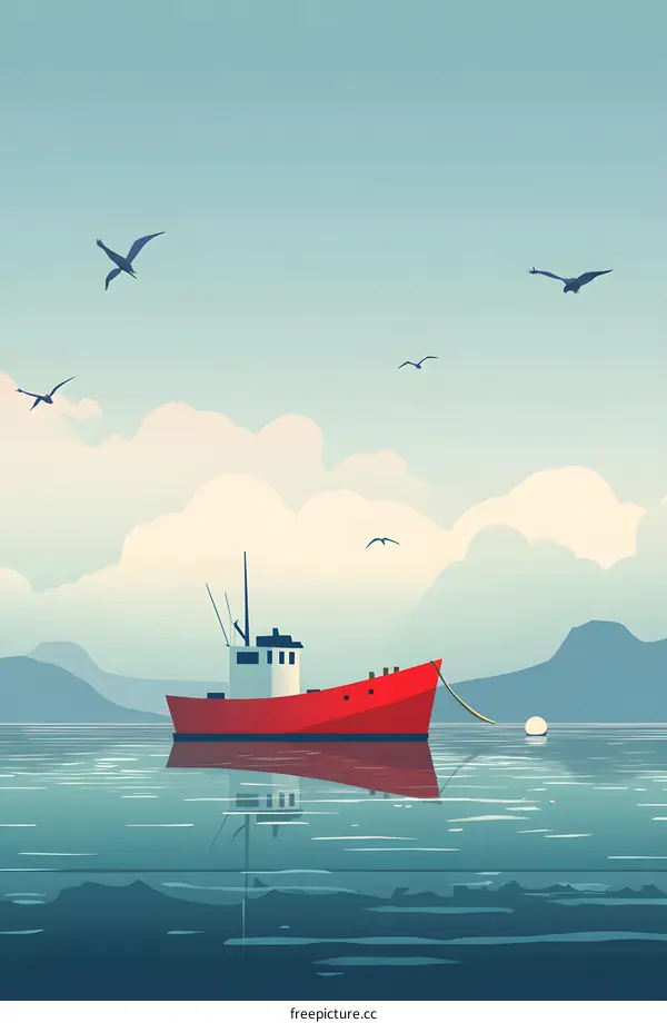 Red Fishing Boat In The Sea With Mountains In The Background