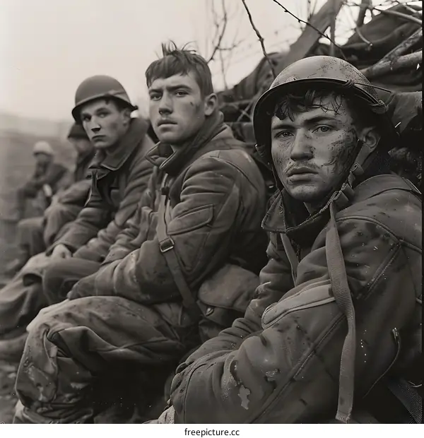 Three American soldiers in a foxhole during the Battle of the Bulge.