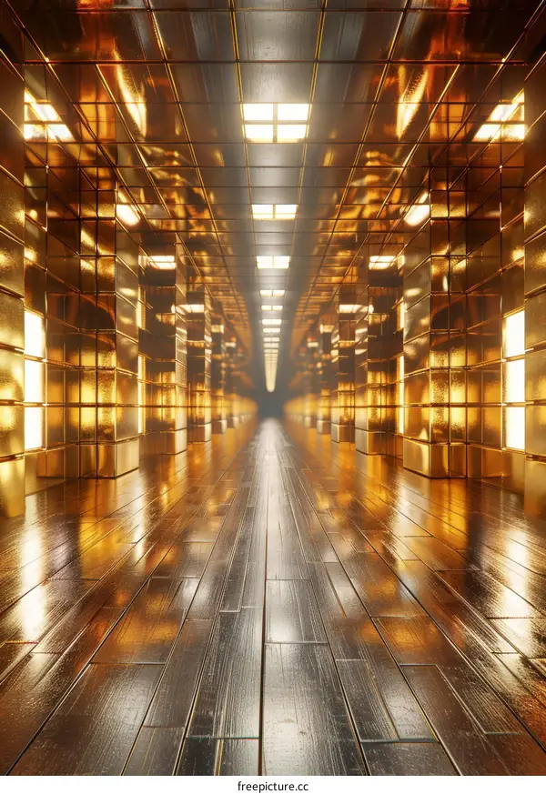 Golden 3D rendered futuristic sci-fi corridor