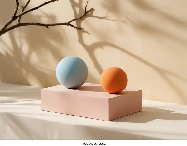 Two Colorful Spheres on Pink Platform with Natural Light