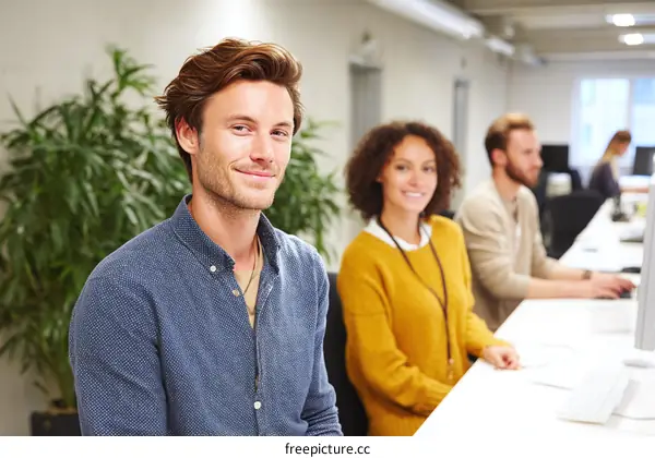 Modern Office Workers Smiling and Focused