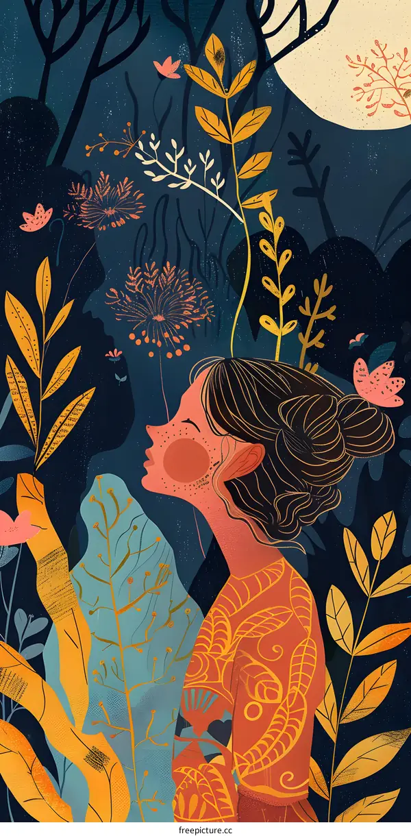 Woman Surrounded by Floral Patterns in a Dark Forest