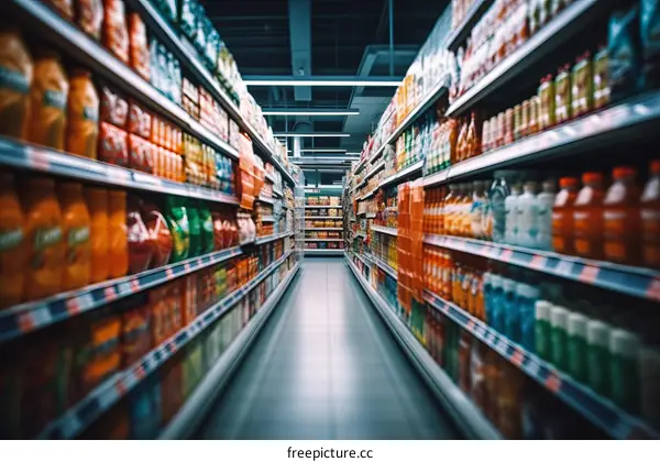 A supermarket aisle with shelves stocked full of various products