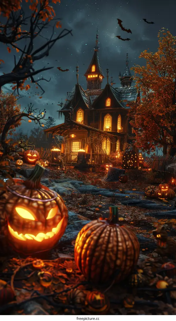 Spooky Haunted House on Halloween Night with Jack-o'-Lanterns