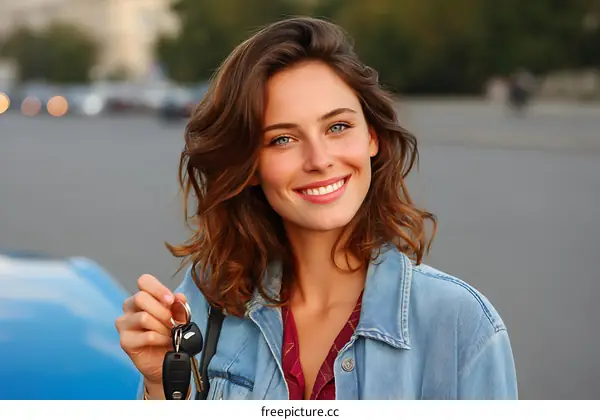 Smiling Woman Holding Car Keys Outdoors